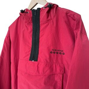 VTG! 90’s Y2K FIVE STAR Red Hooded Anorak Jacket L Casual 1/2 Zip Nylon Hooded
